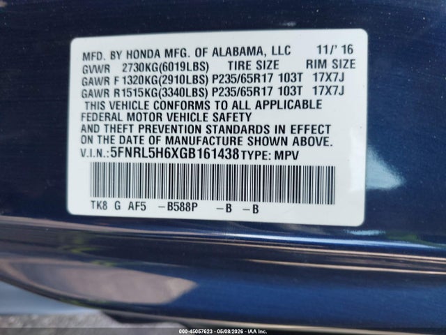 5FNRL5H6XGB161438 Honda Odyssey Ex-l