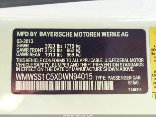 45057628 :رقم المزاد ، WMWSS1C5XDWN94015 vin ، 2013 Mini Paceman Cooper مزاد بيع