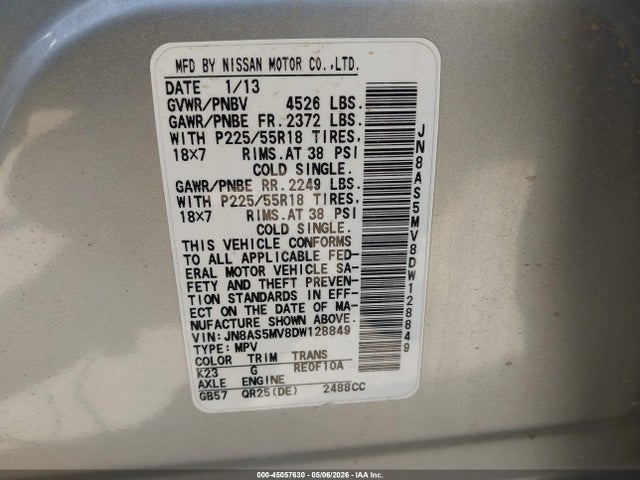 45057630 :رقم المزاد ، JN8AS5MV8DW128849 vin ، 2013 Nissan Rogue Sv W/sl Pkg مزاد بيع