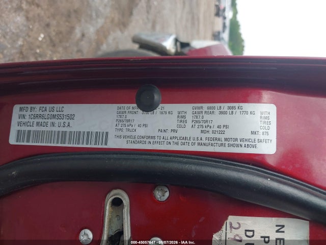 2021 Ram 1500 Classic Slt  4x2 5'7 Box მანქანა იყიდება აუქციონზე, vin: 1C6RR6LG0MS531502, აუქციონის ნომერი: 45057647