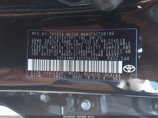 Aukcja sprzedaży 2025 Toyota Corolla Le, vin: 5YFB4MDE3SP356204, numer aukcji: 45057657