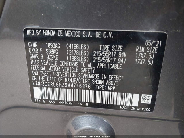 Продажа на аукционе авто 2021 Honda Hr-v Awd Lx, vin: 3CZRU6H39MM746876, номер лота: 45057667