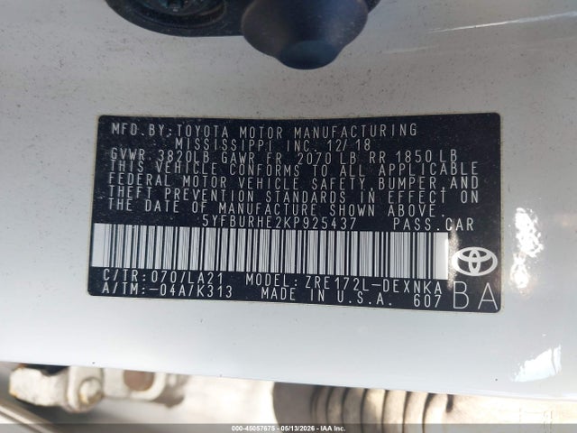 45057675 :رقم المزاد ، 5YFBURHE2KP925437 vin ، 2019 Toyota Corolla Xle مزاد بيع