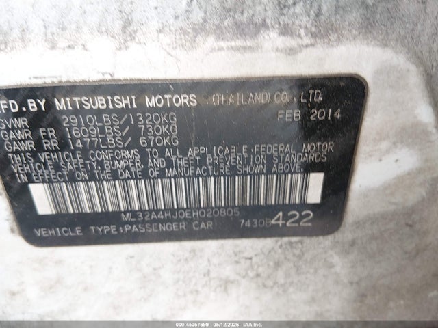 45057699 :رقم المزاد ، ML32A4HJ0EH020805 vin ، 2014 Mitsubishi Mirage Es مزاد بيع