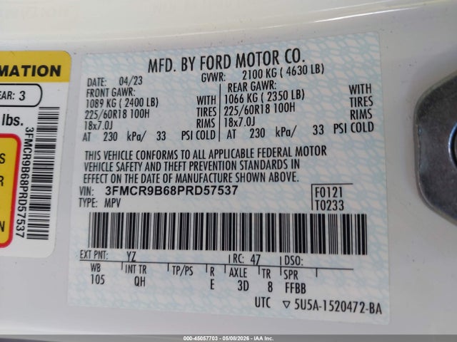 Aukcja sprzedaży 2023 Ford Bronco Sport Big Bend, vin: 3FMCR9B68PRD57537, numer aukcji: 45057703