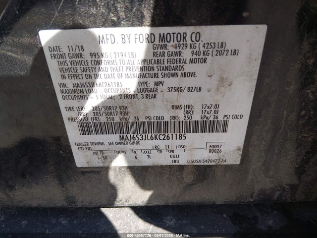 2019 Ford Ecosport Ses მანქანა იყიდება აუქციონზე, vin: MAJ6S3JL6KC261185, აუქციონის ნომერი: 45057726