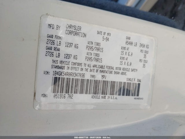 Продажа на аукционе авто 1994 Dodge Grand Caravan Le, vin: 1B4GK54R0RX347036, номер лота: 45057735