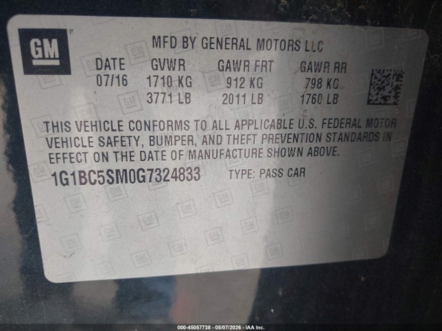 45057738 :رقم المزاد ، 1G1BC5SM0G7324833 vin ، 2016 Chevrolet Cruze Ls Auto مزاد بيع
