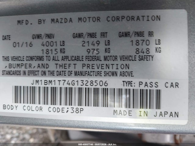 2016 Mazda Mazda3 I Sport მანქანა იყიდება აუქციონზე, vin: JM1BM1T74G1328506, აუქციონის ნომერი: 45057746