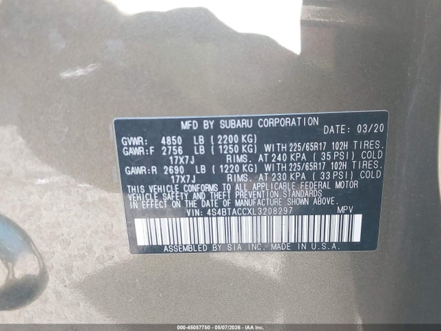 45057750 :رقم المزاد ، 4S4BTACCXL3208297 vin ، 2020 Subaru Outback Premium مزاد بيع