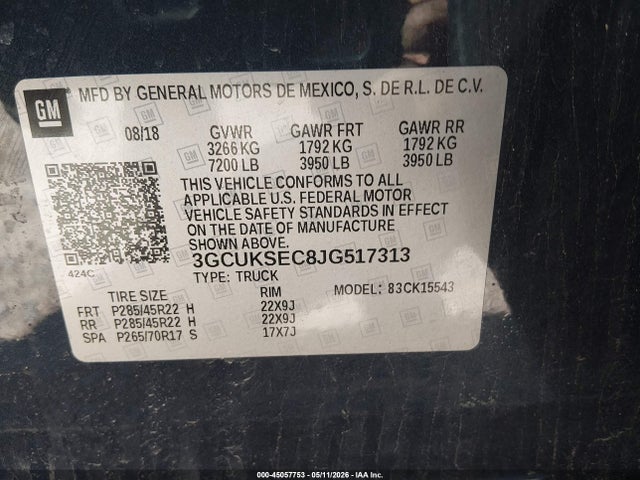 45057753 :رقم المزاد ، 3GCUKSEC8JG517313 vin ، 2018 Chevrolet Silverado 1500 2lz مزاد بيع