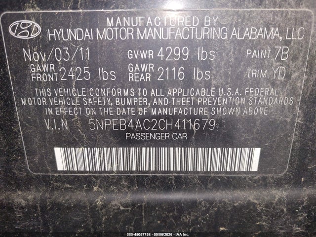45057758 :رقم المزاد ، 5NPEB4AC2CH411679 vin ، 2012 Hyundai Sonata Gls مزاد بيع