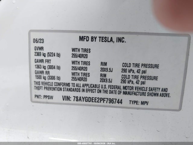 45057761 :رقم المزاد ، 7SAYGDEE2PF796744 vin ، 2023 Tesla Model Y Awd/long Range Dual Motor All-wheel Drive مزاد بيع