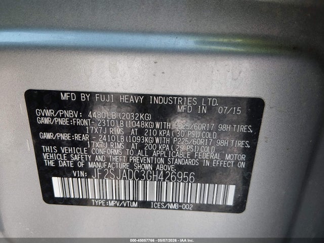 45057766 :رقم المزاد ، JF2SJADC3GH426956 vin ، 2016 Subaru Forester 2.5i Premium مزاد بيع