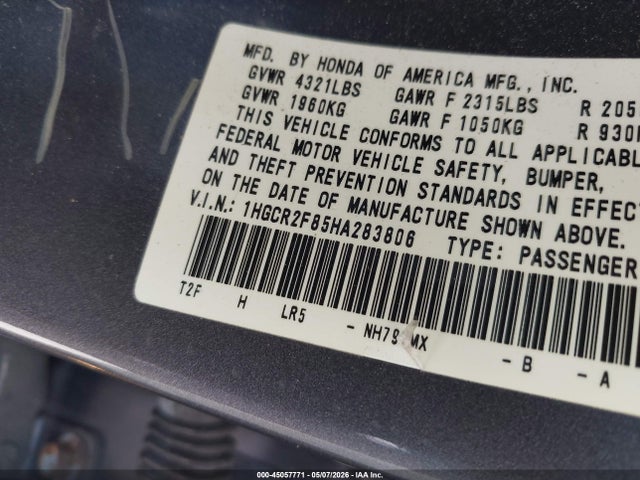 2017 Honda Accord Ex-l მანქანა იყიდება აუქციონზე, vin: 1HGCR2F85HA283806, აუქციონის ნომერი: 45057771