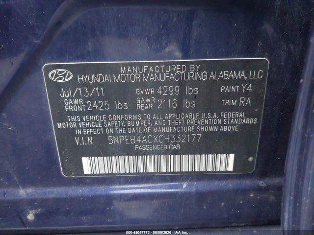 Aukcja sprzedaży 2012 Hyundai Sonata Gls, vin: 5NPEB4ACXCH332177, numer aukcji: 45057773