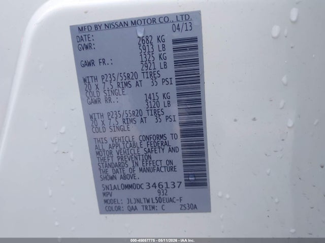 45057775 :رقم المزاد ، 5N1AL0MM0DC346137 vin ، 2013 Infiniti Jx35 مزاد بيع