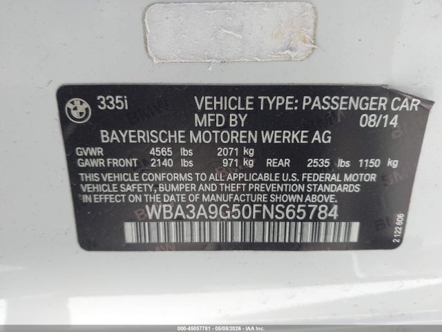 2015 Bmw 335i მანქანა იყიდება აუქციონზე, vin: WBA3A9G50FNS65784, აუქციონის ნომერი: 45057781