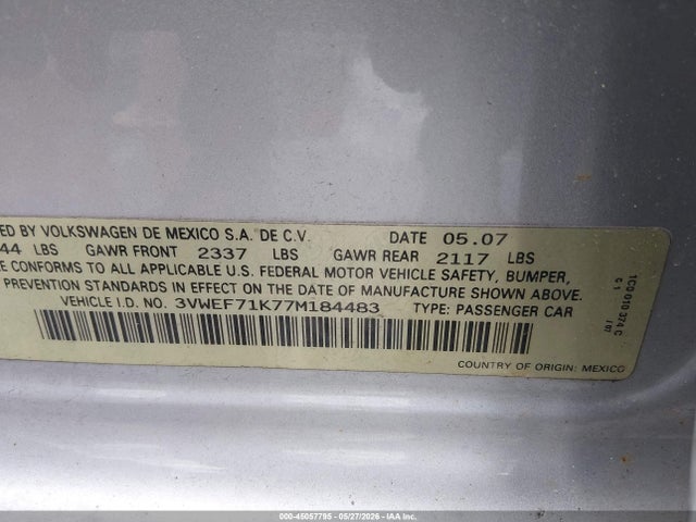 Продаж на аукціоні авто 2007 Volkswagen Jetta Wolfsburg Edition, vin: 3VWEF71K77M184483, номер лоту: 45057795