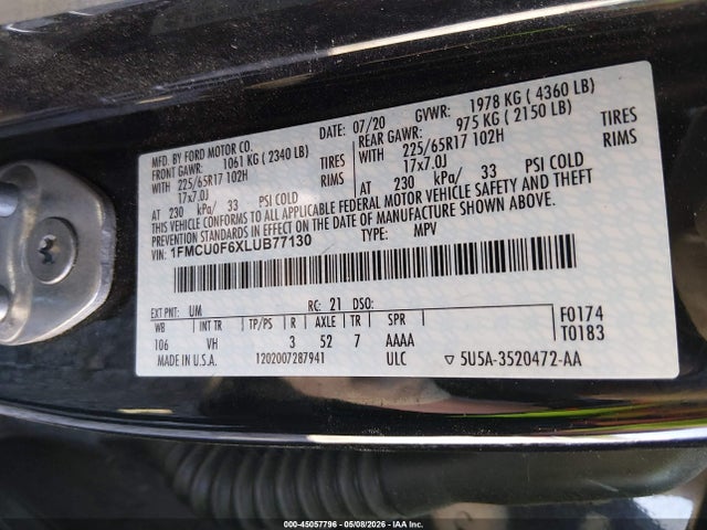 45057796 :رقم المزاد ، 1FMCU0F6XLUB77130 vin ، 2020 Ford Escape S مزاد بيع
