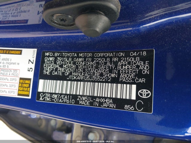 Aukcja sprzedaży 2018 Toyota Prius Three Touring, vin: JTDKARFU5J3552212, numer aukcji: 45057810