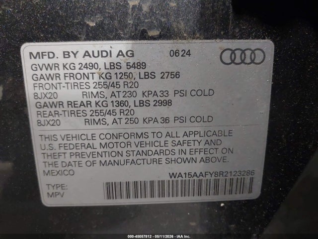 Aukcja sprzedaży 2024 Audi Q5 Sportback Premium Plus 45 Tfsi S Line Quattro S Tronic, vin: WA15AAFY8R2123286, numer aukcji: 45057812