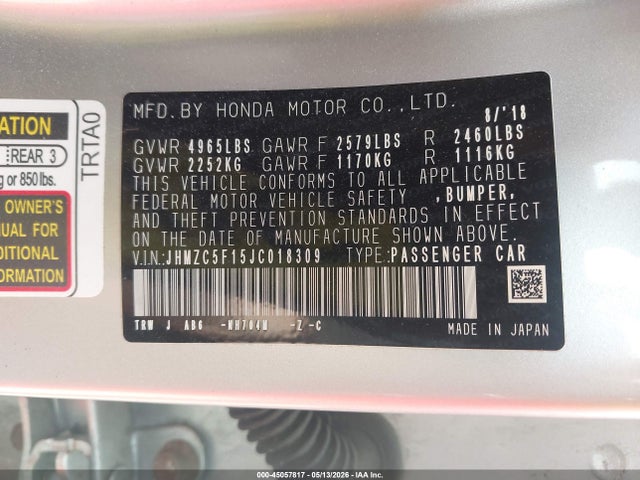 2018 Honda Clarity Plug-in Hybrid მანქანა იყიდება აუქციონზე, vin: JHMZC5F15JC018309, აუქციონის ნომერი: 45057817
