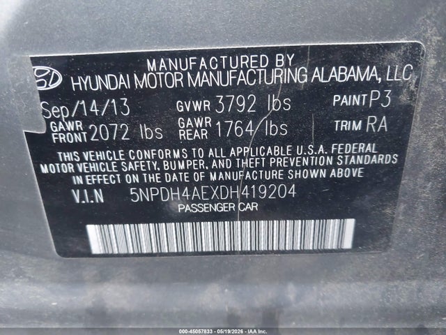 2013 Hyundai Elantra Gls მანქანა იყიდება აუქციონზე, vin: 5NPDH4AEXDH419204, აუქციონის ნომერი: 45057833