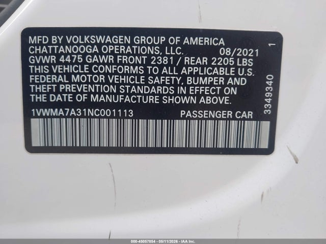 45057854 :رقم المزاد ، 1VWMA7A31NC001113 vin ، 2022 Volkswagen Passat 2.0t R-line مزاد بيع