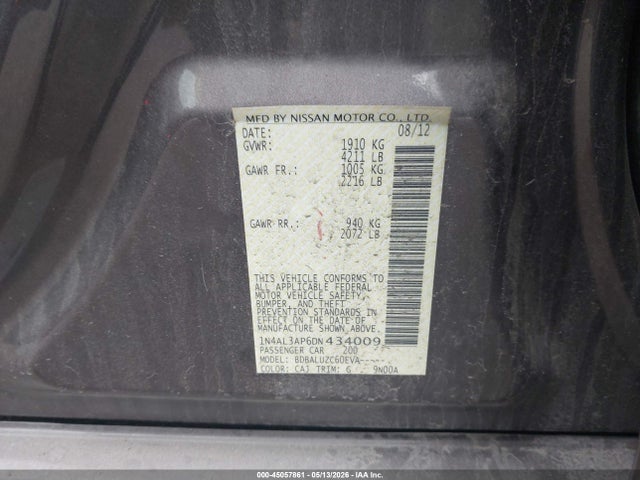 2013 Nissan Altima 2.5 Sv მანქანა იყიდება აუქციონზე, vin: 1N4AL3AP6DN434009, აუქციონის ნომერი: 45057861