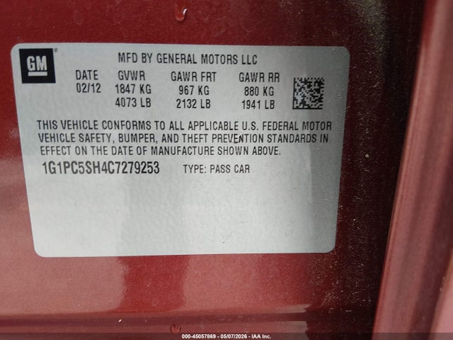 Aukcja sprzedaży 2012 Chevrolet Cruze Ls, vin: 1G1PC5SH4C7279253, numer aukcji: 45057869