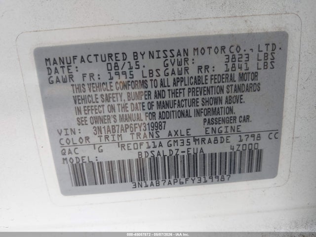 45057872 :رقم المزاد ، 3N1AB7AP6FY319987 vin ، 2015 Nissan Sentra Sv مزاد بيع