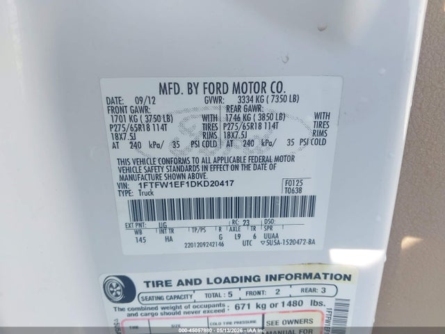 Продаж на аукціоні авто 2013 Ford F-150 Lariat, vin: 1FTFW1EF1DKD20417, номер лоту: 45057880