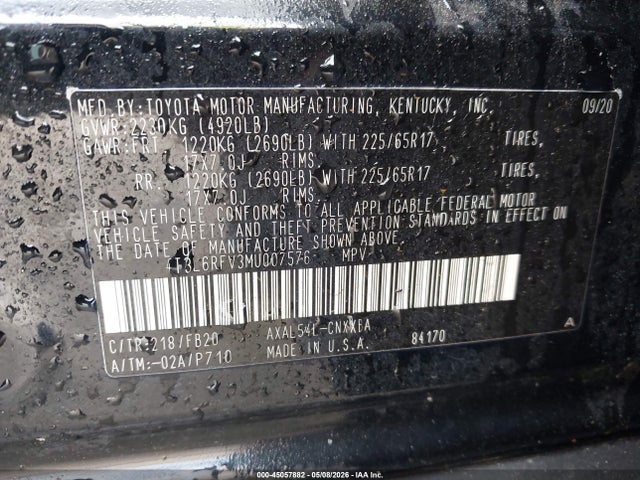 45057882 :رقم المزاد ، 4T3L6RFV3MU007576 vin ، 2021 Toyota Rav4 Hybrid Le مزاد بيع