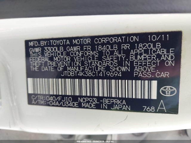 45057883 :رقم المزاد ، JTDBT4K38C1419694 vin ، 2012 Toyota Yaris مزاد بيع