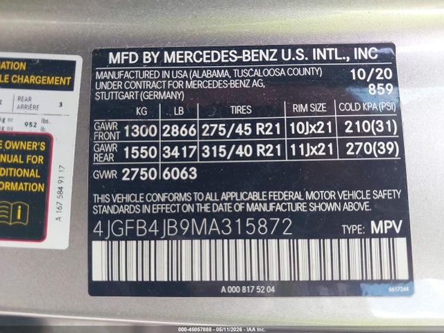 Aukcja sprzedaży 2021 Mercedes-benz Gle 350, vin: 4JGFB4JB9MA315872, numer aukcji: 45057888