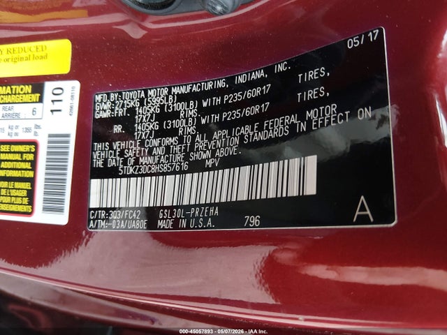 45057893 :رقم المزاد ، 5TDKZ3DC8HS857616 vin ، 2017 Toyota Sienna Le 8 Passenger مزاد بيع