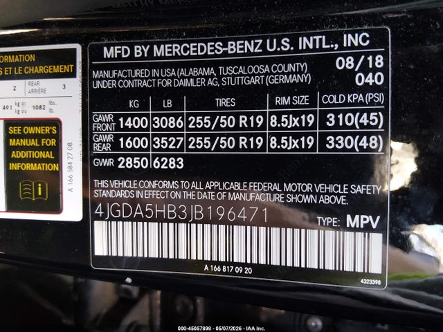 Aukcja sprzedaży 2018 Mercedes-benz Gle 350 4matic, vin: 4JGDA5HB3JB196471, numer aukcji: 45057898
