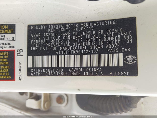 Продаж на аукціоні авто 2016 Toyota Camry Le, vin: 4T1BF1FK9GU127107, номер лоту: 45057899