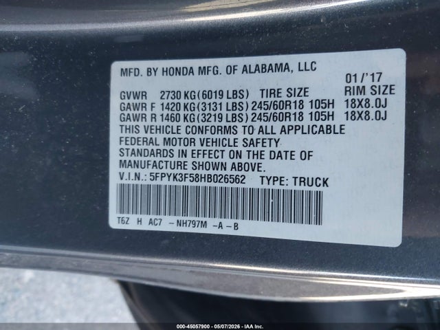 Продажа на аукционе авто 2017 Honda Ridgeline Rtl, vin: 5FPYK3F58HB026562, номер лота: 45057900