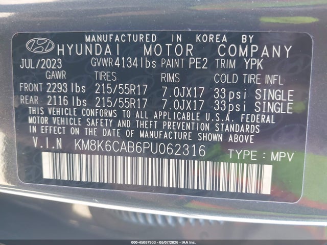 45057903 :رقم المزاد ، KM8K6CAB6PU062316 vin ، 2023 Hyundai Kona Sel مزاد بيع