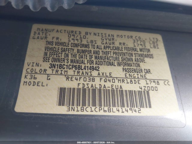 Aukcja sprzedaży 2011 Nissan Versa 1.8s, vin: 3N1BC1CP6BL414942, numer aukcji: 45057931