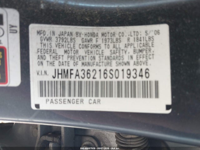 2006 Honda Civic Hybrid მანქანა იყიდება აუქციონზე, vin: JHMFA36216S019346, აუქციონის ნომერი: 45057939