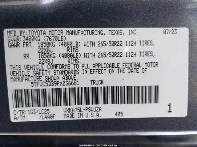 Продаж на аукціоні авто 2023 Toyota Tundra Hybrid Capstone, vin: 5TFVC5DB9PX036681, номер лоту: 45057942