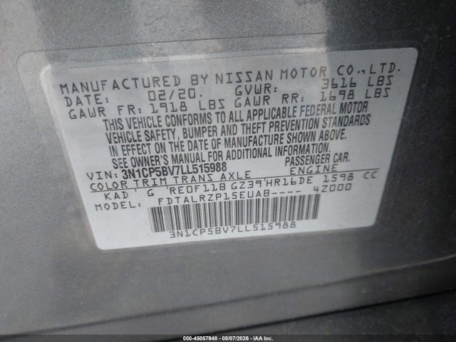 45057948 :رقم المزاد ، 3N1CP5BV7LL515988 vin ، 2020 Nissan Kicks S Xtronic Cvt مزاد بيع