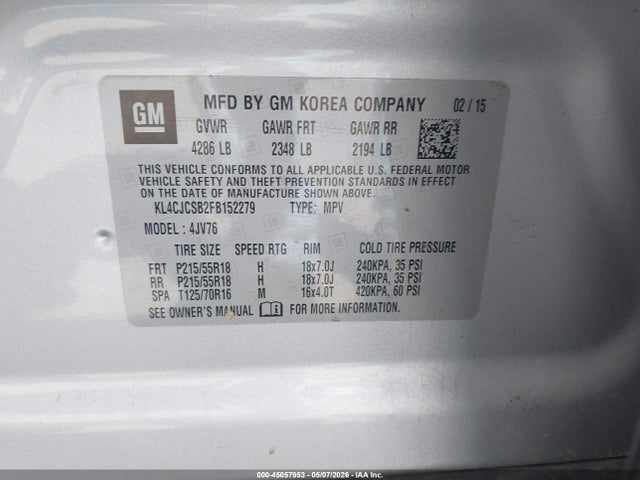 Aukcja sprzedaży 2015 Buick Encore Leather, vin: KL4CJCSB2FB152279, numer aukcji: 45057953