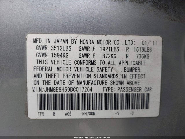 2011 Honda Fit Sport მანქანა იყიდება აუქციონზე, vin: JHMGE8H59BC017264, აუქციონის ნომერი: 45057965