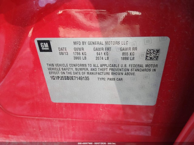 Auction sale of the 2014 Chevrolet Cruze Eco Manual, vin: 1G1PJ5SB0E7149135, lot number: 45057968