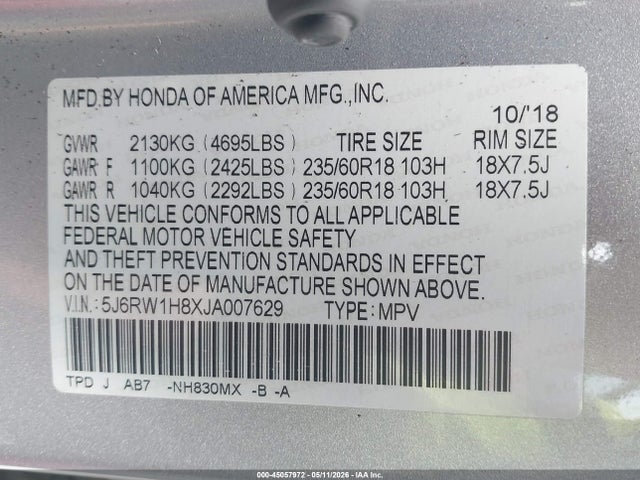 Aukcja sprzedaży 2018 Honda Cr-v Ex-l/ex-l Navi, vin: 5J6RW1H8XJA007629, numer aukcji: 45057972