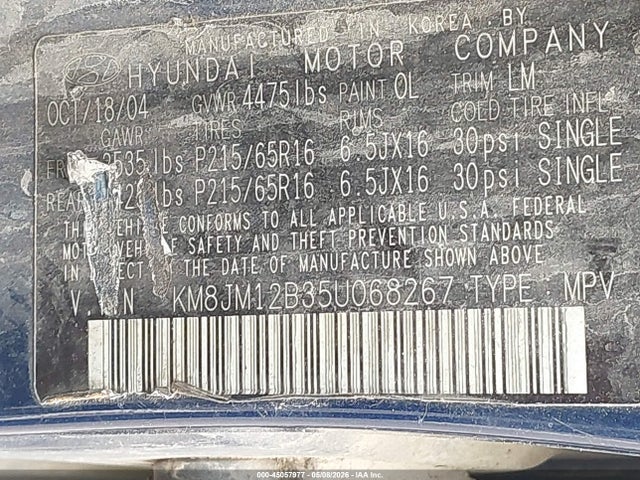 45057977 :رقم المزاد ، KM8JM12B35U068267 vin ، 2005 Hyundai Tucson Gl مزاد بيع